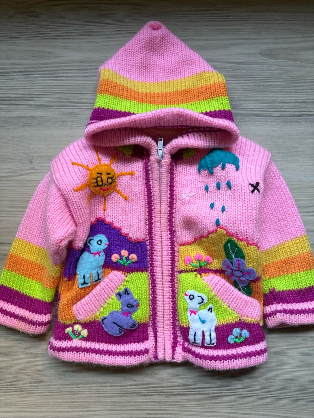 Handmade Peruvian Alpaca-Blend Children’s Hooded Sweater Jacket - Pink Arpillera